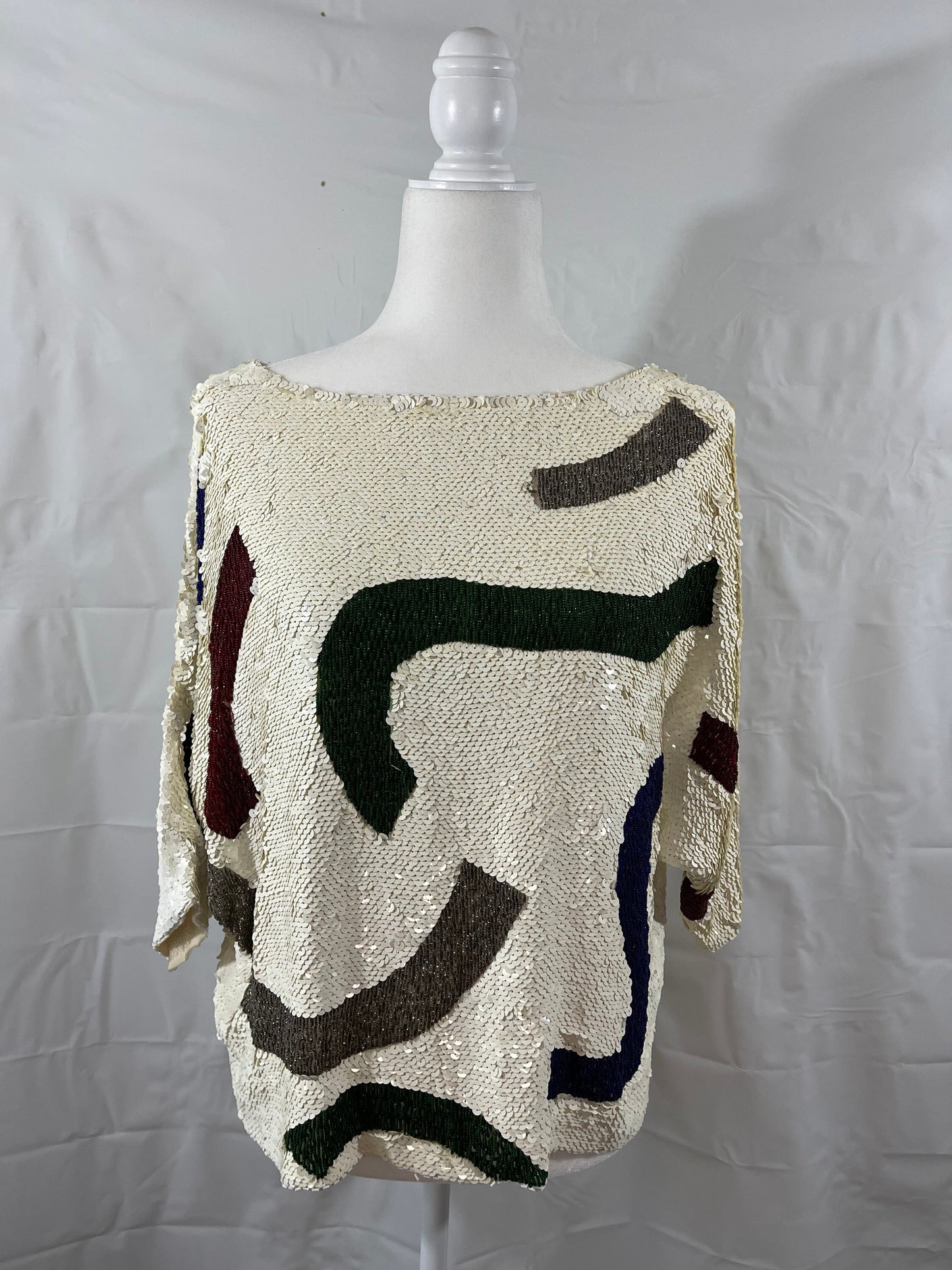 Vintage White Sequined & Beaded Dolman Sleeve Silk Size M