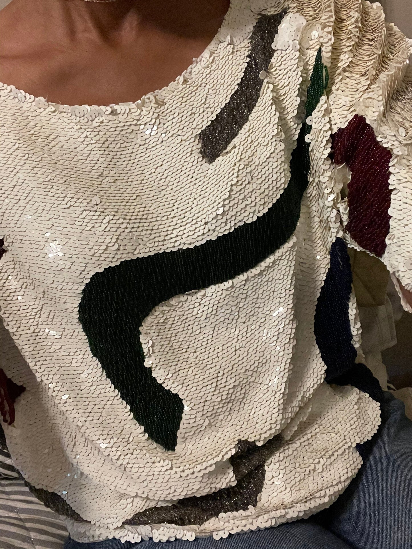 Vintage White Sequined & Beaded Dolman Sleeve Silk Size M