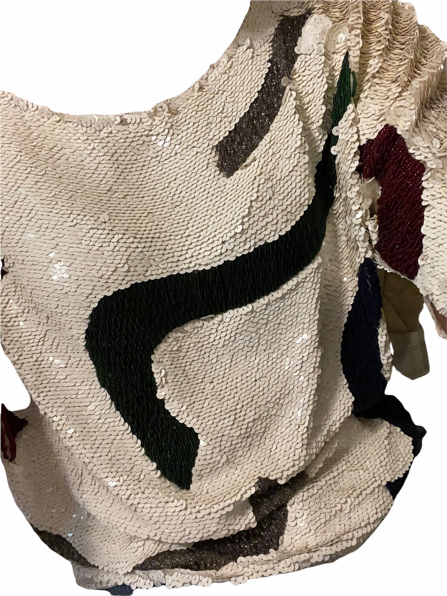 Vintage White Sequined & Beaded Dolman Sleeve Silk Size M