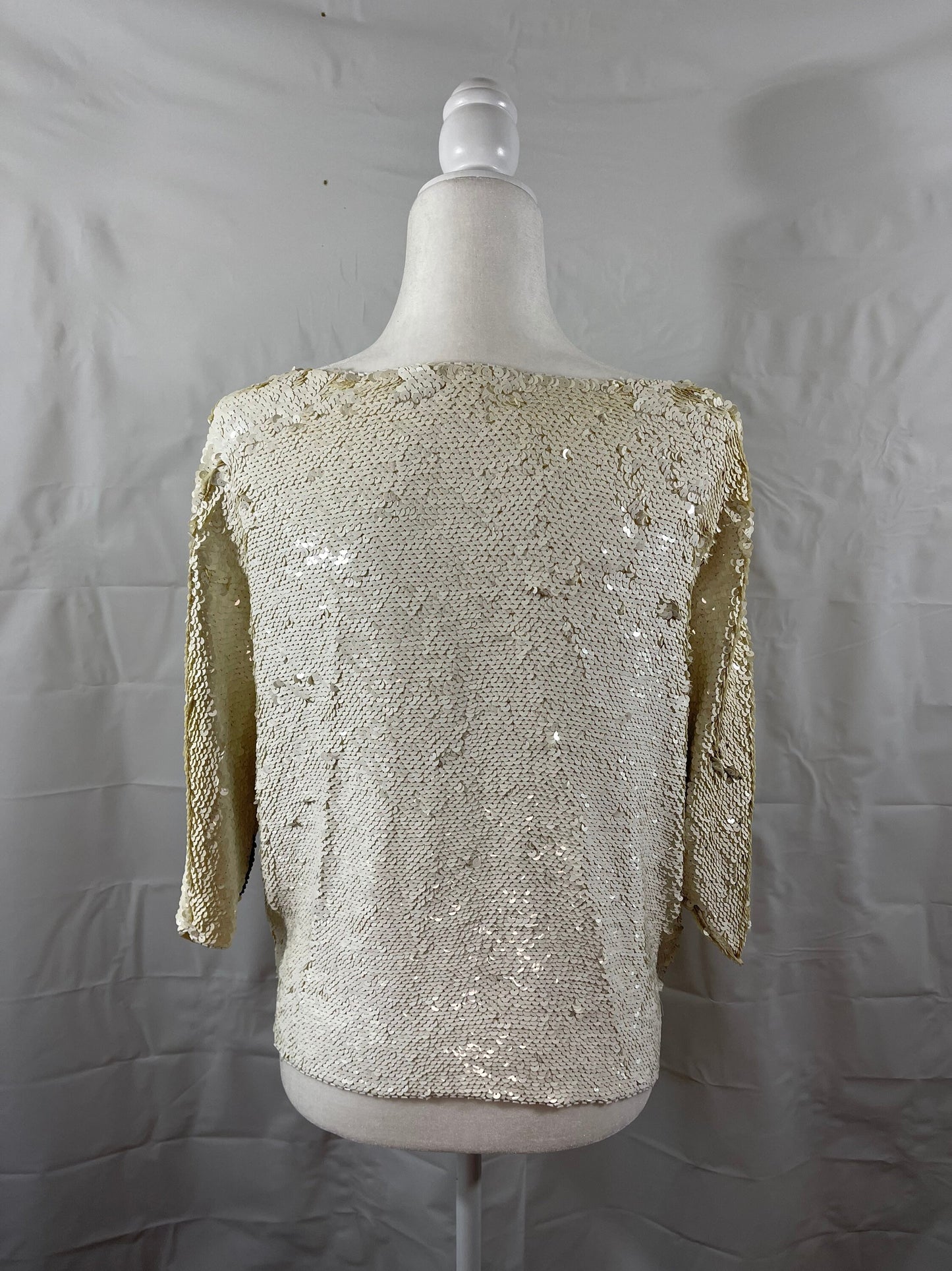 Vintage White Sequined & Beaded Dolman Sleeve Silk Size M